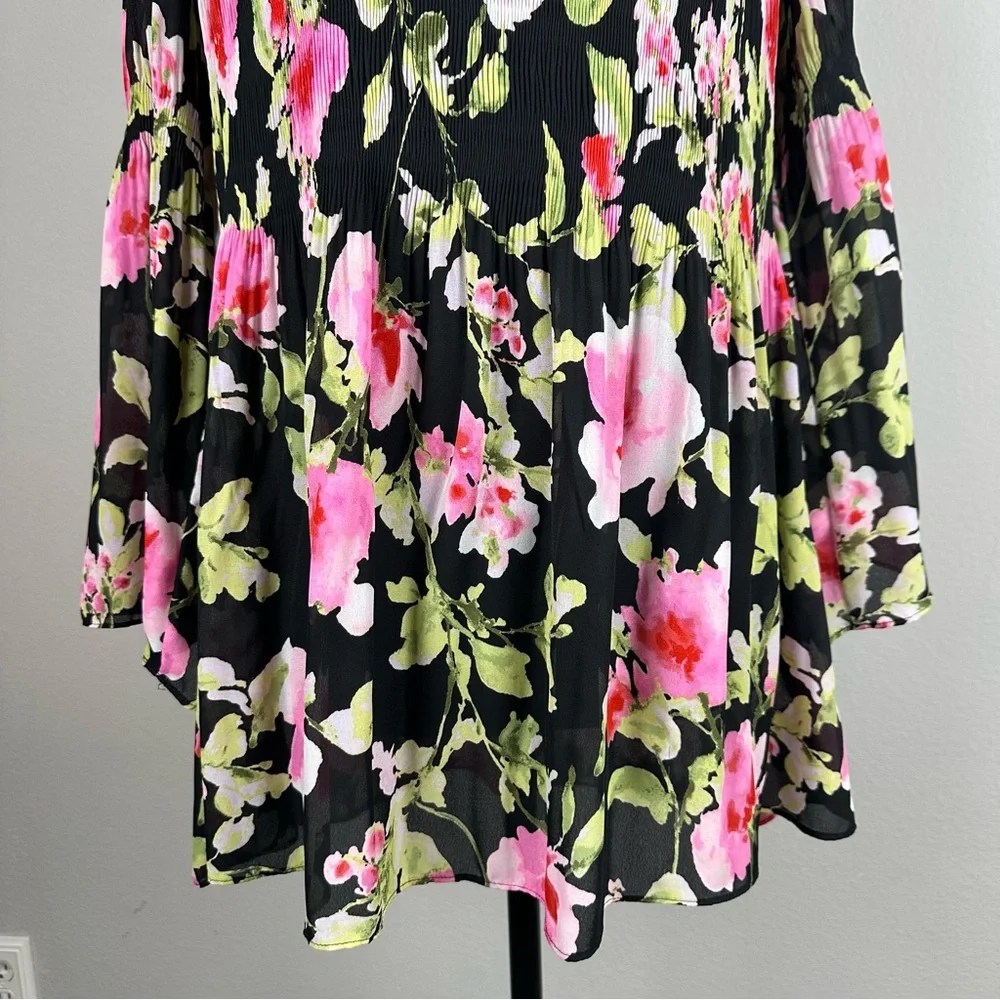 Floral & Ivy Floral Top Sz Large Sheer Pleated Stretch Flare Sleeve Peasant Boho - Picture 3 of 14